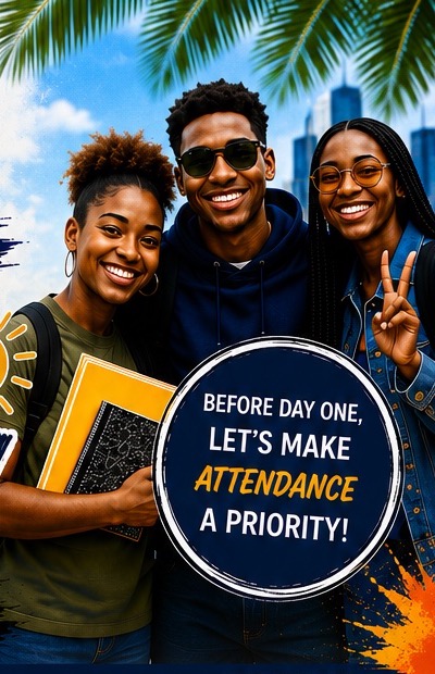 Three smiling Bronx students holding a sign that reads: Before Day One, let's make attendance a priority.