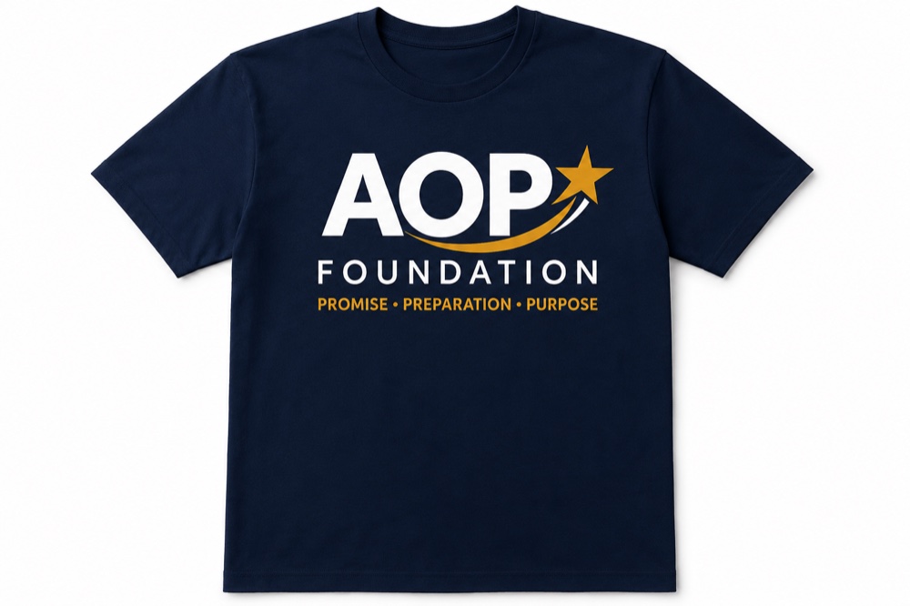 Navy AOP Foundation Signature Tee with gold and white logo